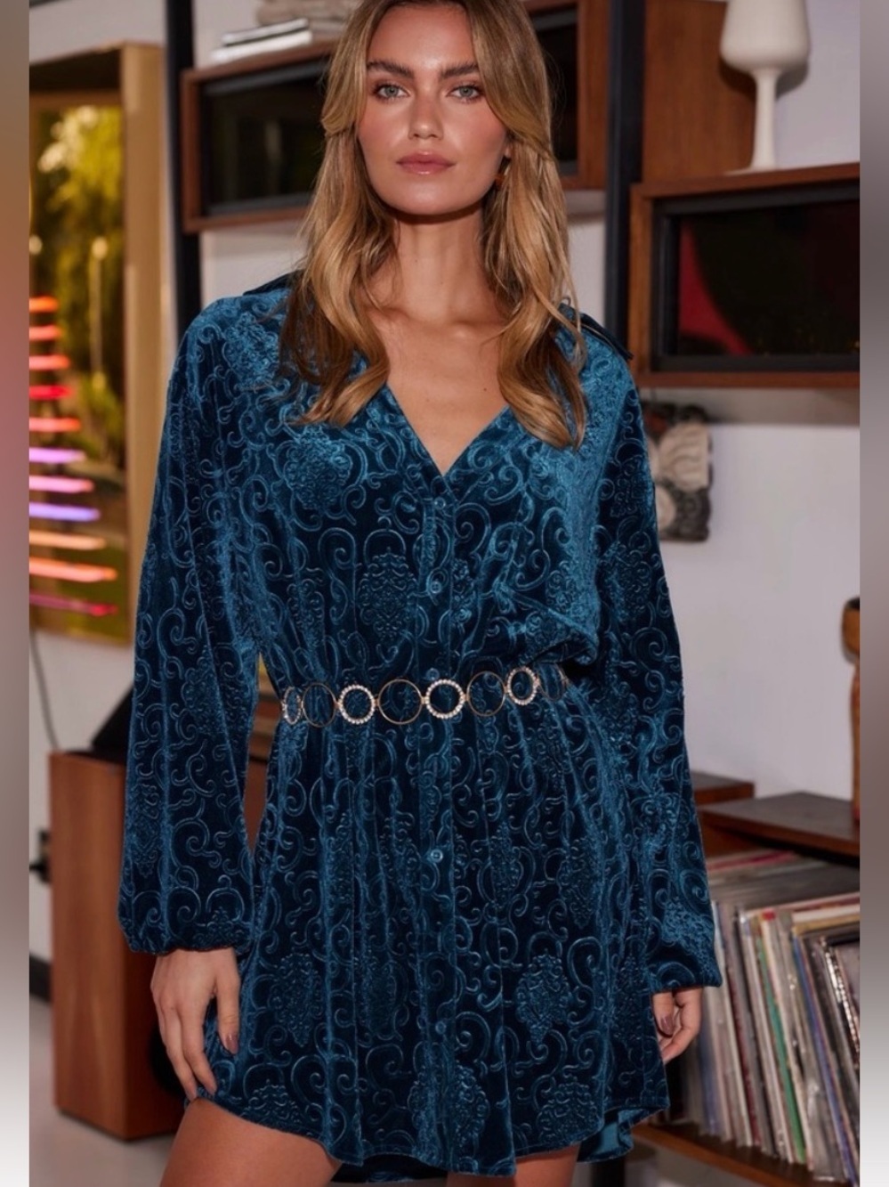 12th tribe blue velvet button down shirt dress size extra small